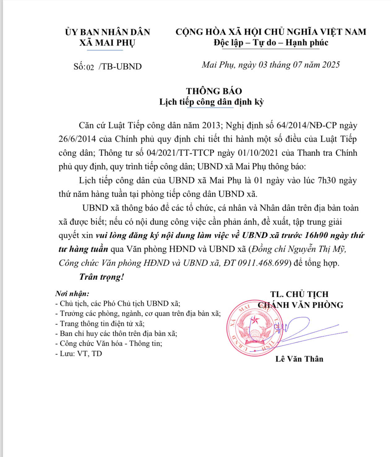 Thông báo về Lịch tiếp công dân của UBND xã Mai Phụ!