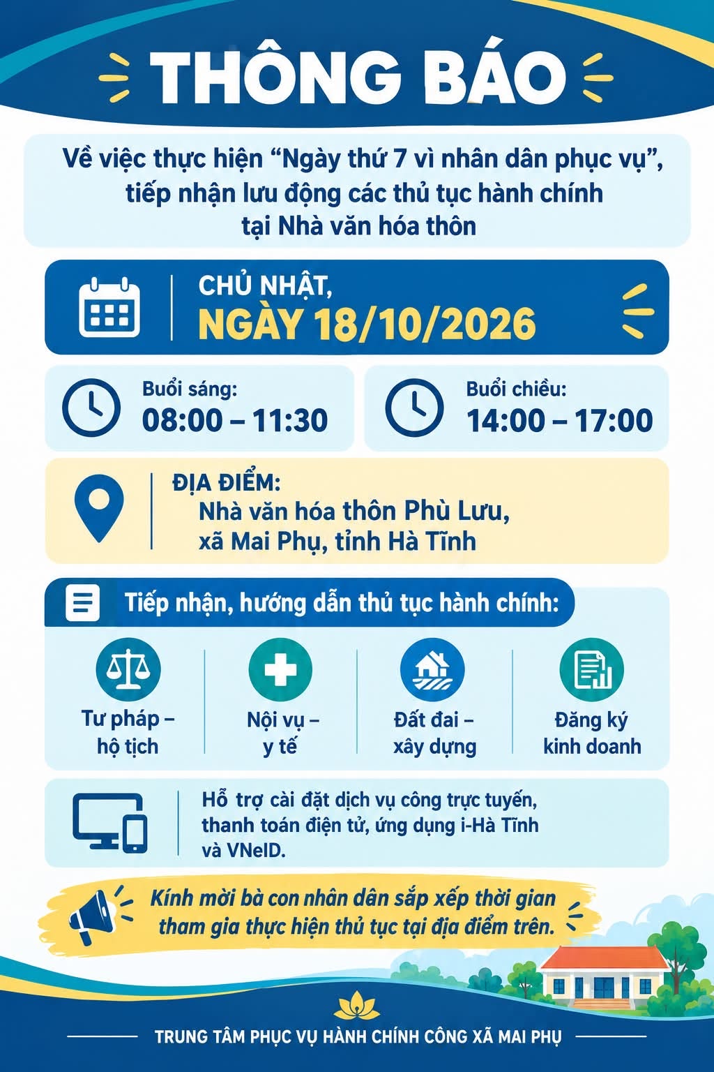 Trung tâm Phục vụ hành chính công xã Mai Phụ thông báo tổ chức tiếp nhận, giải quyết thủ tục hành chính và hướng dẫn sử dụng các tiện ích số lưu động tại thôn Phù Lưu