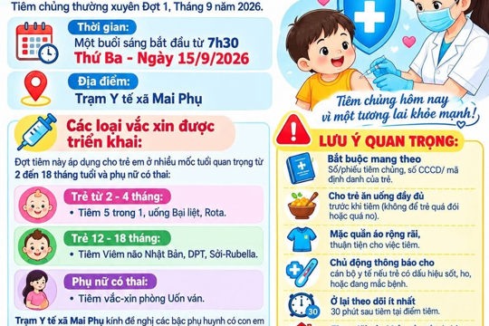 Trạm Y tế xã Mai Phụ trân trọng thông báo lịch tổ chức Tiêm chủng thường xuyên Đợt 1, Tháng 9 năm 2026. 