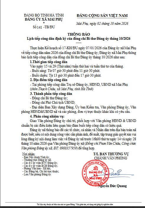 Thông báo lịch tiếp công dân định của Bí thư Đảng ủy tháng 10/2026