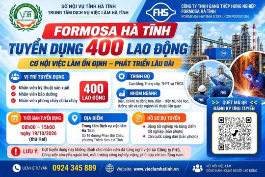 Công ty TNHH Gang thép Hưng Nghiệp Formosa Hà Tĩnh trực tiếp tuyển dụng 400 lao động tại Trung tâm Dịch vụ việc làm Hà Tĩnh.
