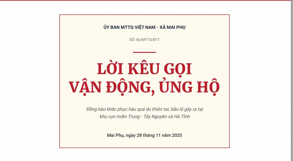 Uỷ ban Mặt trận Tổ quốc Việt Nam xã Mai Phụ xin gửi tới toàn thể Nhân dân Lời kêu gọi vận động, ủng hộ đồng bào khắc phục hậu quả do thiên tai, bão lũ gây ra! 